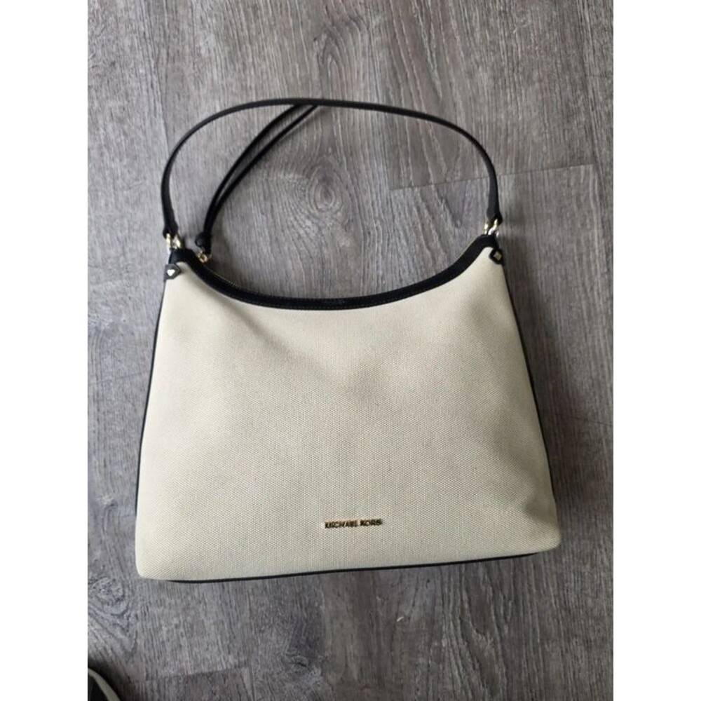 New Michael Kors Maeve large hobo bag, cream/beige/black canvas and leather